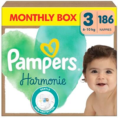 Pampers Fraldas para bebé tamanho 3 (6-10 kg) harmonia, caixa mensal, proteção suave da pele e ingredientes à base de plantas, 186 unidades Pampers Fraldas para bebé tamanho 3 (6-10 kg) harmonia, caixa mensal, proteção suave da pele e ingredientes à base de plantas, 186 unidades