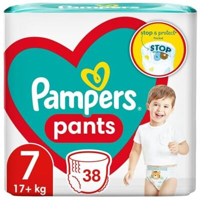 Pampers Tamanho 7 de 38 fraldas, 17 kg, com bolso Stop & Protect anti-fugas na parte de trás Pampers Tamanho 7 de 38 fraldas, 17 kg, com bolso Stop & Protect anti-fugas na parte de trás