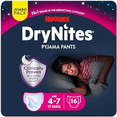 HUGGIES DryNites Fraldas de noite para menina 4-7 (17-30 kg), clinicamente testadas com 5 camadas de máxima proteção noturna, 16 cuecas absorventes HUGGIES DryNites Fraldas de noite para menina 4-7 (17-30 kg), clinicamente testadas com 5 camadas de máxima proteção noturna, 16 cuecas absorventes