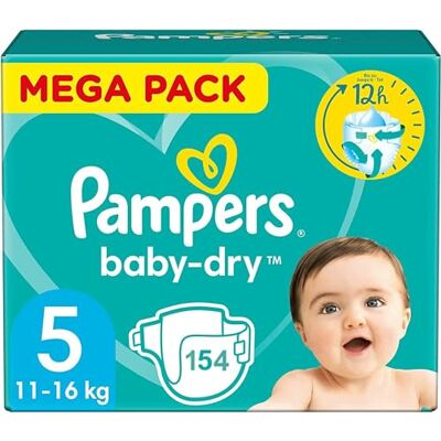 Pampers Fraldas Baby-Dry tamanho 5 (11-16 kg), 154 fraldas para bebé, mega pack 1 mês Baby Dry, até 12 h bem seco com o bolso Stop & Protect, agora com mais fraldas Pampers Fraldas Baby-Dry tamanho 5 (11-16 kg), 154 fraldas para bebé, mega pack 1 mês Baby Dry, até 12 h bem seco com o bolso Stop & Protect, agora com mais fraldas