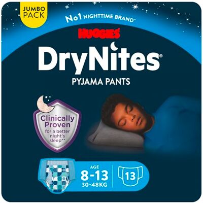 HUGGIES DryNites Cuecas absorventes para crianças 8-13 (30 48 kg), clinicamente testadas com 5 camadas de máxima proteção noturna, 13 fraldas de noite HUGGIES DryNites Cuecas absorventes para crianças 8-13 (30 48 kg), clinicamente testadas com 5 camadas de máxima proteção noturna, 13 fraldas de noite