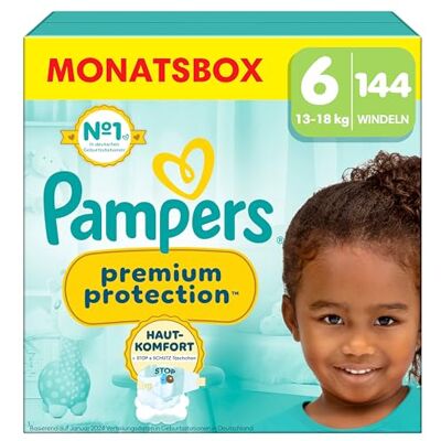 Pampers Fraldas para bebé tamanho 6 (13 kg) Premium Protection, extra grande, caixa mensal, melhor conforto e proteção para peles sensíveis, 144 unidades Pampers Fraldas para bebé tamanho 6 (13 kg) Premium Protection, extra grande, caixa mensal, melhor conforto e proteção para peles sensíveis, 144 unidades