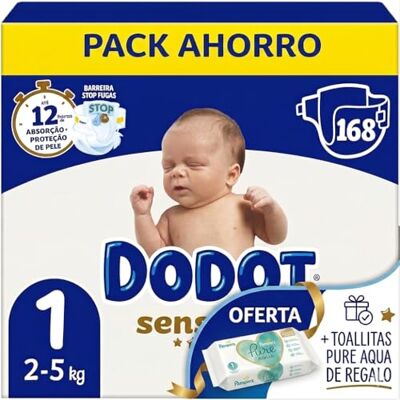 DODOT Fraldas sensíveis tamanho 1 (2-5 kg), 168 unidades, com toalhas Pampers Aqua Pure de presente DODOT Fraldas sensíveis tamanho 1 (2-5 kg), 168 unidades, com toalhas Pampers Aqua Pure de presente
