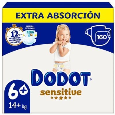 DODOT Sensitive Extra absorção de tamanho 6 (14 kg) pack poupança de 160 fraldas, proteção suave para peles sensíveis DODOT Sensitive Extra absorção de tamanho 6 (14 kg) pack poupança de 160 fraldas, proteção suave para peles sensíveis