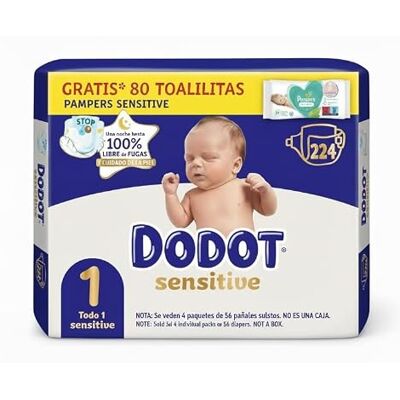 DODOT Sensitive T1 (224 fraldas), formato de 4 embalagens de 56 unidades, inclui presente toalhas Pampers 80 unidades DODOT Sensitive T1 (224 fraldas), formato de 4 embalagens de 56 unidades, inclui presente toalhas Pampers 80 unidades