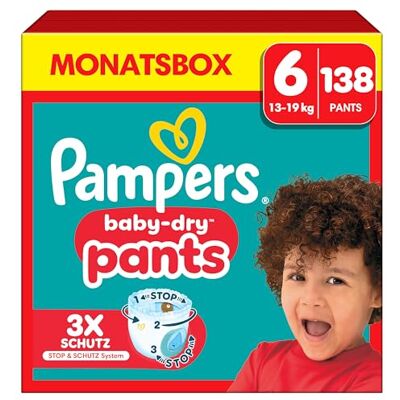 Pampers Baby-Dry Pants, tamanho 6, 138 camadas, 14-19 kg, manutenção de 360° contra fugas com um bolso Stop & Protect para uma noite até 100% sem fugas, embalagem de 1 mês Pampers Baby-Dry Pants, tamanho 6, 138 camadas, 14-19 kg, manutenção de 360° contra fugas com um bolso Stop & Protect para uma noite até 100% sem fugas, embalagem de 1 mês