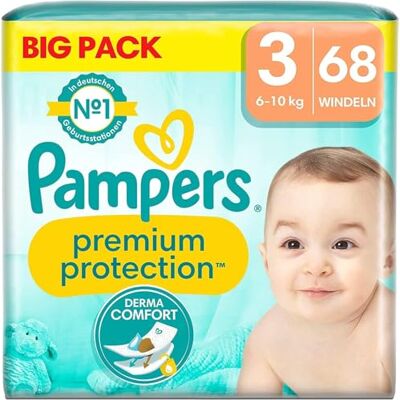Pampers Premium Protection tamanho 3, 68 fraldas, 6 kg 10 kg, conforto e proteção de para peles sensíveis Pampers Premium Protection tamanho 3, 68 fraldas, 6 kg 10 kg, conforto e proteção de para peles sensíveis