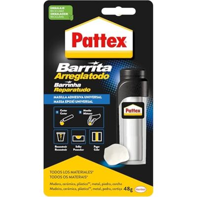 Pattex Barrinha Arranja-tudo, massa bicomponente extraforte, pasta moldável para colar e reparar, resina epóxi envernizável e lixável para vários materiais, tubo 48 g Pattex Barrinha Arranja-tudo, massa bicomponente extraforte, pasta moldável para colar e reparar, resina epóxi envernizável e lixável para vários materiais, tubo 48 g