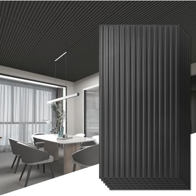 Art3d Pacote de 6 painéis de parede 3D com design de lâminas para decoração de paredes interiores, azulejos decorativos de PVC de 0,61 x 1,22 m, cor preta Art3d Pacote de 6 painéis de parede 3D com design de lâminas para decoração de paredes interiores, azulejos decorativos de PVC de 0,61 x 1,22 m, cor preta