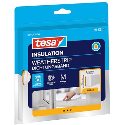 tesa moll Perfil I STANDARD, Burlete corta-vento, Fita autoadesiva de espuma adequada para isolar janelas e portas de casa, Branco, 10 m x 9 mm x 4 mm tesa moll Perfil I STANDARD, Burlete corta-vento, Fita autoadesiva de espuma adequada para isolar janelas e portas de casa, Branco, 10 m x 9 mm x 4 mm