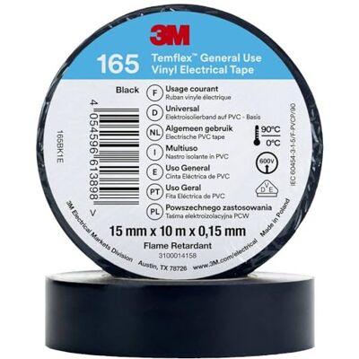 3M Temflex™ 165 165BK1E Fita isolante (10 m x 15 mm), cor preta 3M Temflex™ 165 165BK1E Fita isolante (10 m x 15 mm), cor preta
