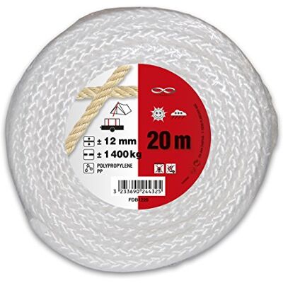 Chapuis Corda de polipropileno trançado , resistência à ruptura indicativa 1, 4 T, diâmetro 12 mm, comprimento 20 m, cor branca Chapuis Corda de polipropileno trançado , resistência à ruptura indicativa 1, 4 T, diâmetro 12 mm, comprimento 20 m, cor branca