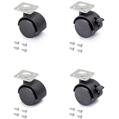 EMUCA Rodas para móveis, kit de 4 rodas giratórias gémeas pretas com placa de montagem, Ø 40 mm, EMUCA Rodas para móveis, kit de 4 rodas giratórias gémeas pretas com placa de montagem, Ø 40 mm,