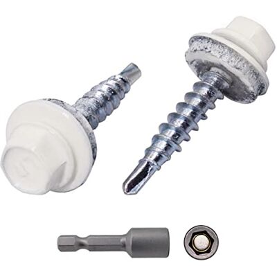 Marcopol Lote de 150 parafusos para tetos de metal, 4,8 x 25 mm, autoperfurantes pintados com arruelas EPDM, parafuso hexagonal de chapa (150, branco puro, RAL 9010) Marcopol Lote de 150 parafusos para tetos de metal, 4,8 x 25 mm, autoperfurantes pintados com arruelas EPDM, parafuso hexagonal de chapa (150, branco puro, RAL 9010)