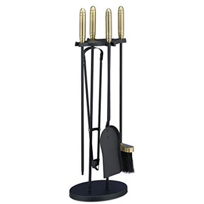 Relaxdays Kit de lareira, conjunto de 5 acessórios, escova, recolhedor, aprimorador, pinças e suporte, aço e latão, preto Relaxdays Kit de lareira, conjunto de 5 acessórios, escova, recolhedor, aprimorador, pinças e suporte, aço e latão, preto
