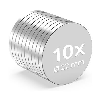 ECENCE Ímanes de neodímio 10 unidades. Ímanes redondos super potentes extremamente fortes revestimento NiCuNi ímãs de disco Ø 22 x 2 mm ECENCE Ímanes de neodímio 10 unidades. Ímanes redondos super potentes extremamente fortes revestimento NiCuNi ímãs de disco Ø 22 x 2 mm