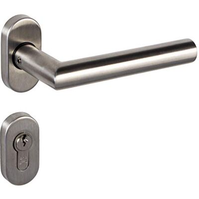 Gedotec Maçaneta para porta de quarto maçaneta de aço inoxidável hardware de porta em forma de L Munique par de manípulos em roseta oval conjunto de maçanetas oval PZ cylinder Gedotec Maçaneta para porta de quarto maçaneta de aço inoxidável hardware de porta em forma de L Munique par de manípulos em roseta oval conjunto de maçanetas oval PZ cylinder