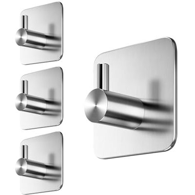 Menz Ganchos adesivos de parede, 4 peças, ganchos adesivos resistentes e impermeáveis, aço inoxidável, cabide toalha casa de banho, parede e cozinha, ganchos adesivos multifuncionais, prateado Menz Ganchos adesivos de parede, 4 peças, ganchos adesivos resistentes e impermeáveis, aço inoxidável, cabide toalha casa de banho, parede e cozinha, ganchos adesivos multifuncionais, prateado