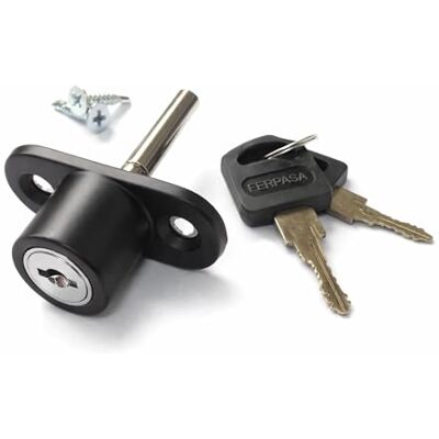 Ferpasa ® Fechadura de segurança para janelas de correr, fecho de sobrepor de aço em acabamento preto com 2 chaves e parafusos (53,5 x 23,5 mm) Ferpasa ® Fechadura de segurança para janelas de correr, fecho de sobrepor de aço em acabamento preto com 2 chaves e parafusos (53,5 x 23,5 mm)