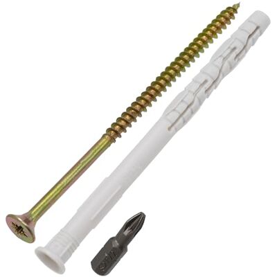 AERZETIX Kit de 8 buchas universais com colar chanfrado Ø 8 x 120 mm de poliamida 8 parafusos para madeira Ø 5 x 120 mm 1 ponta de aparafusar PZ2 1/4 AERZETIX Kit de 8 buchas universais com colar chanfrado Ø 8 x 120 mm de poliamida 8 parafusos para madeira Ø 5 x 120 mm 1 ponta de aparafusar PZ2 1/4
