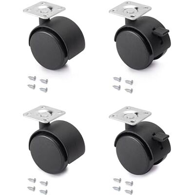 EMUCA Rodas para móveis, kit de 4 rodas giratórias gêmeas pretas com placa de montagem, Ø 50mm, EMUCA Rodas para móveis, kit de 4 rodas giratórias gêmeas pretas com placa de montagem, Ø 50mm,