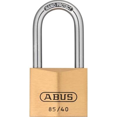 ABUS Cadeado de latão 85/40HB40 com manilha alta para portas de cave, galpões, etc. resistente às intempéries manilha de aço endurecido nível de segurança 6 ABUS Cadeado de latão 85/40HB40 com manilha alta para portas de cave, galpões, etc. resistente às intempéries manilha de aço endurecido nível de segurança 6