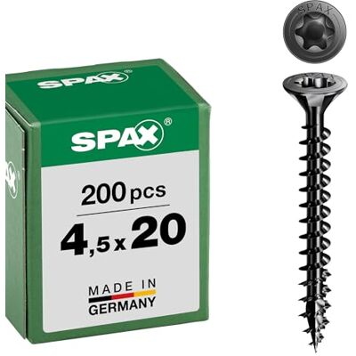 SPAX Parafuso universal, cabeça escareada, preto, T-STAR Plus, rosca completa (4,5 x 20 mm, 200 unidades) SPAX Parafuso universal, cabeça escareada, preto, T-STAR Plus, rosca completa (4,5 x 20 mm, 200 unidades)