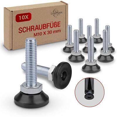LouMaxx Parafuso regulador M10, pernas ajustáveis de 30 mm, pés de nivelamento e ajuste para máquinas conjunto de 10 LouMaxx Parafuso regulador M10, pernas ajustáveis de 30 mm, pés de nivelamento e ajuste para máquinas conjunto de 10