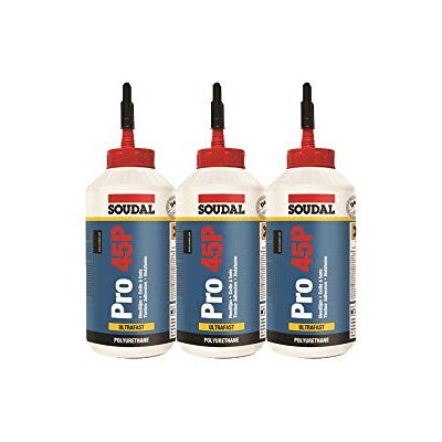 Soudal Wood Glue Pro 45P, cola de poliuretano impermeável D4, 750 ml, embalagem de 3 Soudal Wood Glue Pro 45P, cola de poliuretano impermeável D4, 750 ml, embalagem de 3