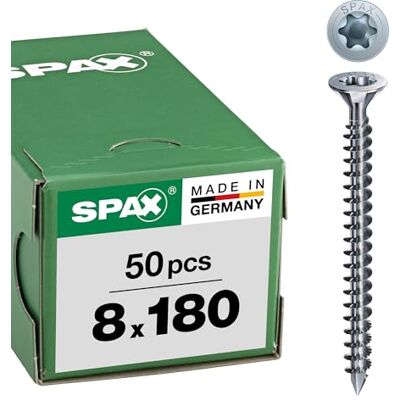 SPAX Parafuso para madeira (8,0 x 180 mm, 50 unidades, T-Star Plus, cabeça escareada com nervos, fresadoras, rosca completa, ponta CUT, Wirox A3J, ) SPAX Parafuso para madeira (8,0 x 180 mm, 50 unidades, T-Star Plus, cabeça escareada com nervos, fresadoras, rosca completa, ponta CUT, Wirox A3J, )