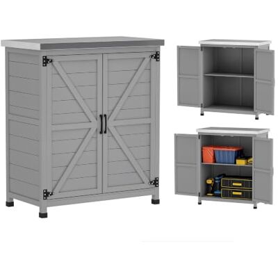 Outsunny Armário exterior de madeira prateleira 2 portas 79 x 43 x 92 cm Casa de jardim exterior, teto de aço galvanizado, cobertura de jardim para armazenamento de ferramentas Outsunny Armário exterior de madeira prateleira 2 portas 79 x 43 x 92 cm Casa de jardim exterior, teto de aço galvanizado, cobertura de jardim para armazenamento de ferramentas