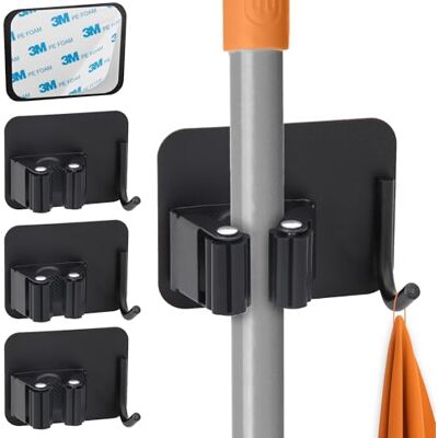 ECENCE Cabide vassouras e esfregonas suporte de parede 4 peças preto Suporte adesivo de aço com ganchos para divisórias, utensílios de cozinha e ferramentas de jardim ECENCE Cabide vassouras e esfregonas suporte de parede 4 peças preto Suporte adesivo de aço com ganchos para divisórias, utensílios de cozinha e ferramentas de jardim