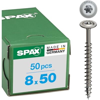 SPAX Parafuso de construção de madeira, 8,0 x 50 mm, 50 peças, a cabeça da bolacha, t-star plus 4cut, total SPAX Parafuso de construção de madeira, 8,0 x 50 mm, 50 peças, a cabeça da bolacha, t-star plus 4cut, total