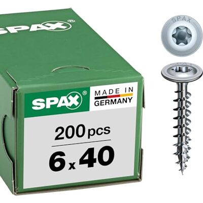SPAX Parafuso para madeira HI.Force de 6 mm de diâmetro, WIROX, cabeça de placa, T-STAR Plus, ponta de corte 6 x 40 mm, 200 unidades SPAX Parafuso para madeira HI.Force de 6 mm de diâmetro, WIROX, cabeça de placa, T-STAR Plus, ponta de corte 6 x 40 mm, 200 unidades