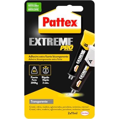 Pattex Extreme Pro, adesivo extra forte multiusos e multimaterial, cola epóxi bicomponente de uso universal, cola instantânea (2 min) transparente, 2 x 11 ml Pattex Extreme Pro, adesivo extra forte multiusos e multimaterial, cola epóxi bicomponente de uso universal, cola instantânea (2 min) transparente, 2 x 11 ml