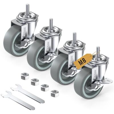 HOLKIE Conjunto de 4 rodas rotativas com haste rosqueada de 75 mm com travões M8 x 1,25 x 25 mm (diâmetro da haste de 10 mm, comprimento da haste de 25 mm) rodas giratórias com bloqueio cinzento HOLKIE Conjunto de 4 rodas rotativas com haste rosqueada de 75 mm com travões M8 x 1,25 x 25 mm (diâmetro da haste de 10 mm, comprimento da haste de 25 mm) rodas giratórias com bloqueio cinzento