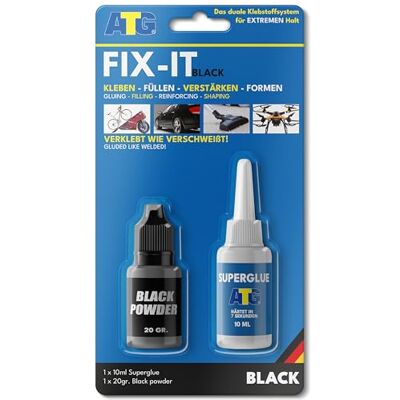 ATG ® FIX IT Super Glue Extra Forte Effet Soudure Colle Cyanoacrylate Bi Composant avec Granulés Noirs pour Métal, Plastique, Verre e Céramique, Idéale pour Réparer Fissures & Cassures ATG ® FIX IT Super Glue Extra Forte Effet Soudure Colle Cyanoacrylate Bi Composant avec Granulés Noirs pour Métal, Plastique, Verre e Céramique, Idéale pour Réparer Fissures & Cassures