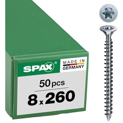SPAX T-STAR Plus Parafuso para madeira, 8,0 x 260 mm, 50 unidades, cabeça escareada com nervuras fresadoras, rosca completa, ponta CUT, WIROX A3J SPAX T-STAR Plus Parafuso para madeira, 8,0 x 260 mm, 50 unidades, cabeça escareada com nervuras fresadoras, rosca completa, ponta CUT, WIROX A3J
