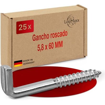 LouMaxx Ganchos de rosca de 5,8 x 60 mm, conjunto de 25 parafusos angulares, ganchos para prateleiras com capacidade de carga até 50 kg, parafusos de gancho galvanizados, ganchos de parede robustos LouMaxx Ganchos de rosca de 5,8 x 60 mm, conjunto de 25 parafusos angulares, ganchos para prateleiras com capacidade de carga até 50 kg, parafusos de gancho galvanizados, ganchos de parede robustos