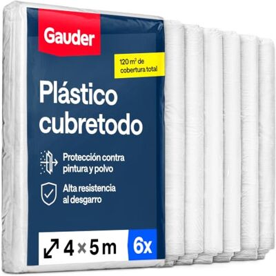 GAUDER Protetor de plástico para pintar (6 lâminas, 4 x 5 m, 120 m²) Plástico protetor transparente e impermeável para pintura e obra, cobre pisos e móveis, para exterior GAUDER Protetor de plástico para pintar (6 lâminas, 4 x 5 m, 120 m²) Plástico protetor transparente e impermeável para pintura e obra, cobre pisos e móveis, para exterior