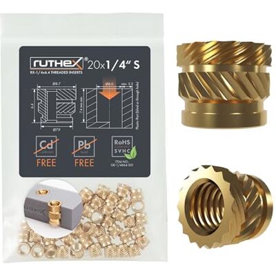 ruthex RX-1/4"-20x6,4 Inserção roscada curta de 1/4" (rosca UNC), 20 unidades, buchas de latão, inserção de pressão resistente para peças de plástico impressas em 3D (rosca para câmara) ruthex RX-1/4"-20x6,4 Inserção roscada curta de 1/4" (rosca UNC), 20 unidades, buchas de latão, inserção de pressão resistente para peças de plástico impressas em 3D (rosca para câmara)