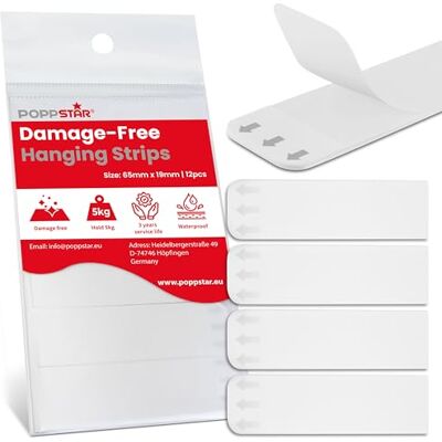 POPPSTAR Tiras adesivas para pendurar quadros (60 mm x 19 mm) ganchos de parede adesivos muito fortes (auto-adesivo, removível sem resíduos, 12 peças) POPPSTAR Tiras adesivas para pendurar quadros (60 mm x 19 mm) ganchos de parede adesivos muito fortes (auto-adesivo, removível sem resíduos, 12 peças)