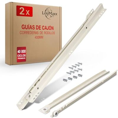 LouMaxx Guias deslizantes de 400 mm, conjunto de 2 (1 par), cor branca, sistema de calhas para gavetas com extração parcial, calhas suaves em cor creme LouMaxx Guias deslizantes de 400 mm, conjunto de 2 (1 par), cor branca, sistema de calhas para gavetas com extração parcial, calhas suaves em cor creme