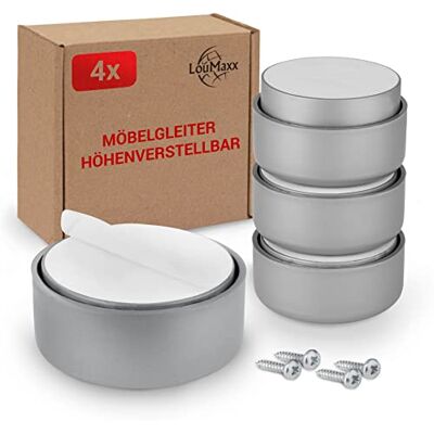 LouMaxx Pernas para móveis autocolantes, pernas ajustáveis em altura, 10 mm, elevador, móveis Ø 53,5 mm de plástico, conjunto de 4 pernas elevadoras, cinzento. Material de montagem LouMaxx Pernas para móveis autocolantes, pernas ajustáveis em altura, 10 mm, elevador, móveis Ø 53,5 mm de plástico, conjunto de 4 pernas elevadoras, cinzento. Material de montagem