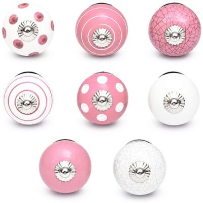 Nacnic Conjunto de 8 puxadores de cerâmica em branco e rosa, pintados à mão com diferentes designs. Puxadores artesanais para armários, gavetas, cômodas e cabides. Puxadores clássicos de 40mm de Nacnic Conjunto de 8 puxadores de cerâmica em branco e rosa, pintados à mão com diferentes designs. Puxadores artesanais para armários, gavetas, cômodas e cabides. Puxadores clássicos de 40mm de