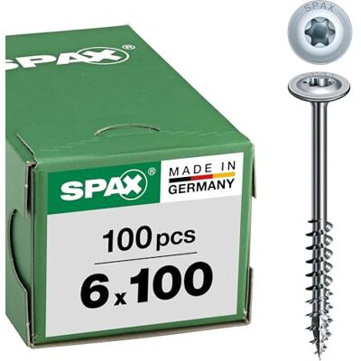 SPAX T-STAR Plus 251010601005 Parafuso para madeira, 6,0 x 100 mm, 100 unidades, cabeça de placa, rosca parcial, 4CUT, WIROX A3J SPAX T-STAR Plus 251010601005 Parafuso para madeira, 6,0 x 100 mm, 100 unidades, cabeça de placa, rosca parcial, 4CUT, WIROX A3J