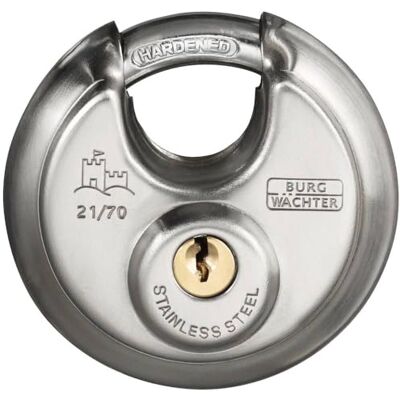 Burg-Wächter Cadeado circular, cadeado com chave, espessura do arco 10 mm, corpo de aço inoxidável, fechadura de latão, proteção anti-alavanca, círculo 21 70 SB Burg-Wächter Cadeado circular, cadeado com chave, espessura do arco 10 mm, corpo de aço inoxidável, fechadura de latão, proteção anti-alavanca, círculo 21 70 SB