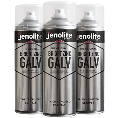 JENOLITE Pintura em spray de zinco brilhante galvanizado Prata primário e camada superior tudo em um Proteção superior contra ferrugem e corrosão, 3 x 500 ml JENOLITE Pintura em spray de zinco brilhante galvanizado Prata primário e camada superior tudo em um Proteção superior contra ferrugem e corrosão, 3 x 500 ml