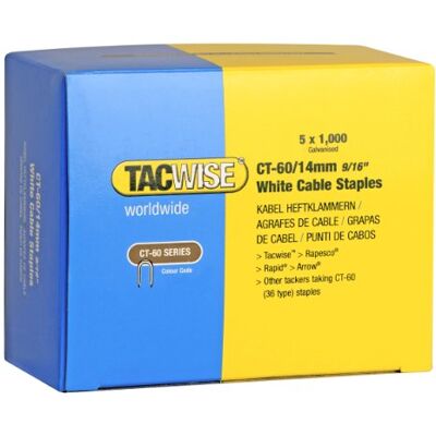 TACWISE grampos brancos para cabo tipo CT-60/10 mm, caixa de 5000 Aço galvanizado, pontas divergentes TACWISE grampos brancos para cabo tipo CT-60/10 mm, caixa de 5000 Aço galvanizado, pontas divergentes