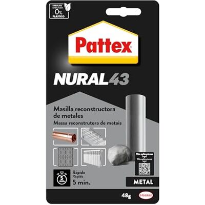 Pattex Massa reconstrutora de metais, massa adesiva para restaurar peças metálicas, massa cinzenta para rachaduras, orifícios, fissuras e uniões, 1 x 48 g Pattex Massa reconstrutora de metais, massa adesiva para restaurar peças metálicas, massa cinzenta para rachaduras, orifícios, fissuras e uniões, 1 x 48 g